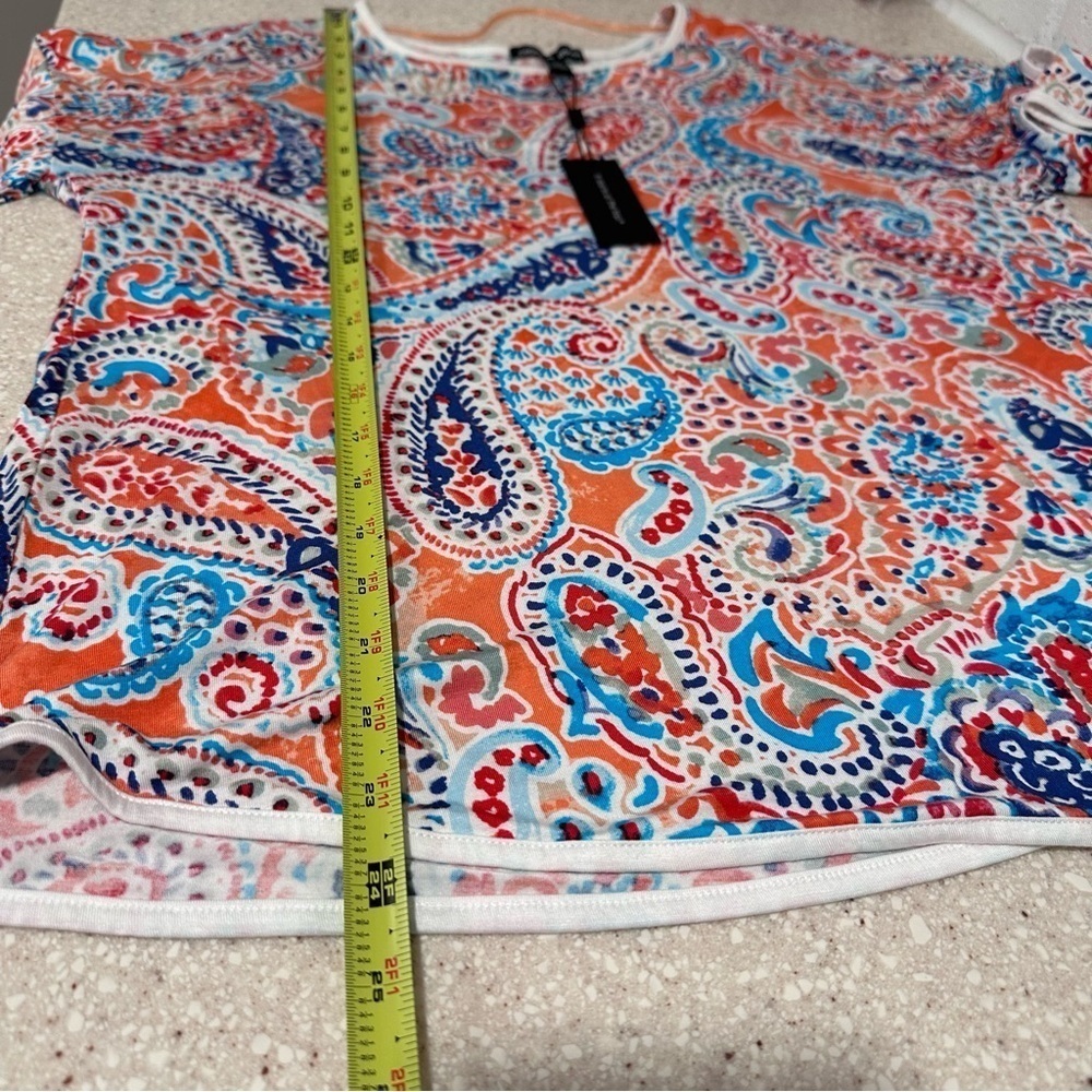Cable & Gauge 3/4 Ruffle Bell Short Sleeve Blouse Paisley White Hem Large NWT - Picture 10 of 15